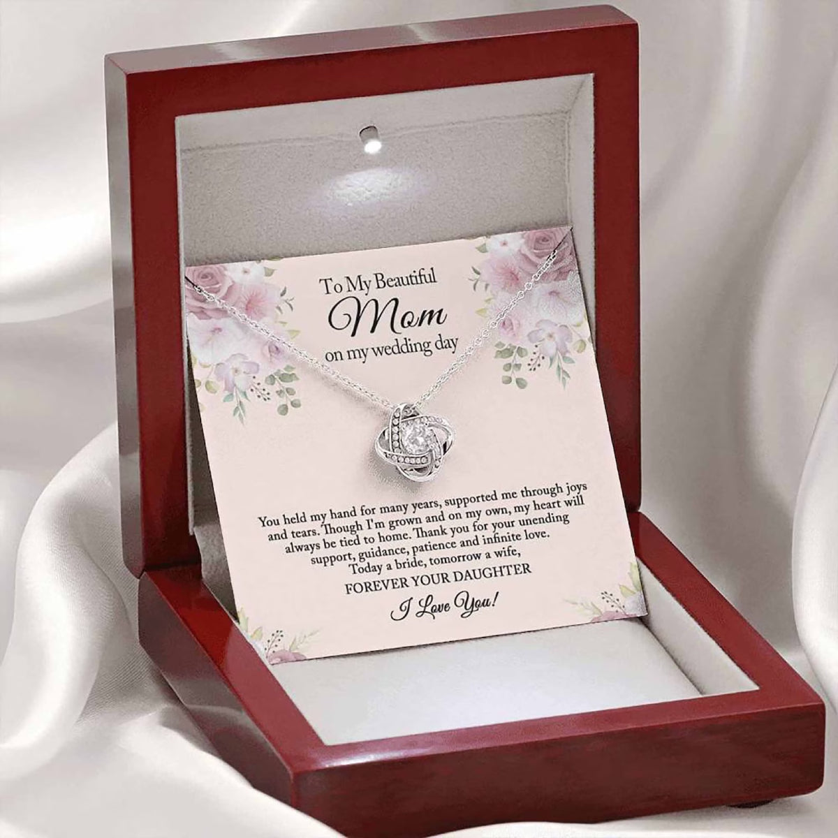 To My Beautiful Mom on My Wedding Day Love Knot Necklace, Mother of the Bride Gift