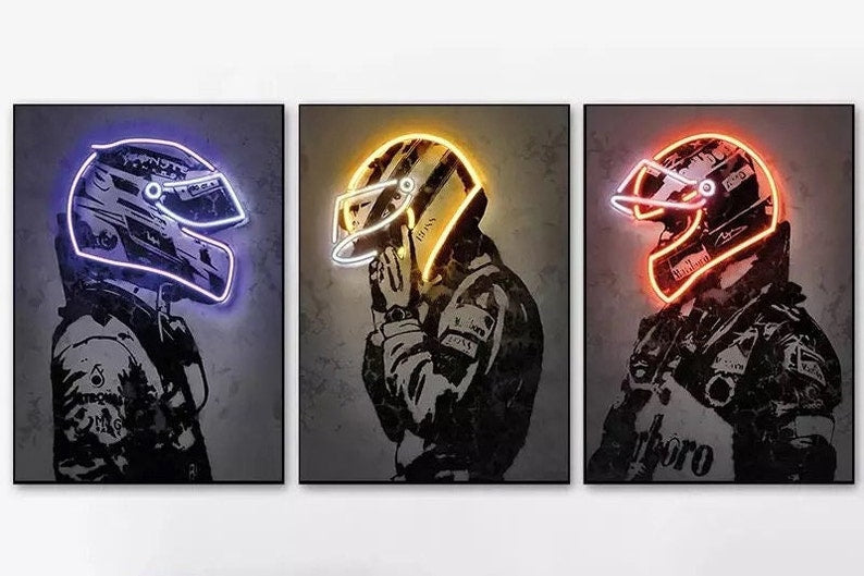 Light Up the Track: Neon F1 Helmet Poster