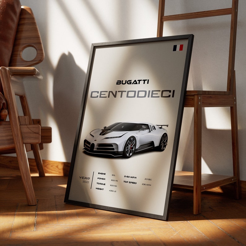 Affiche de supercar Bugatti Centodieci : décoration murale automobile pour les amateurs de voitures