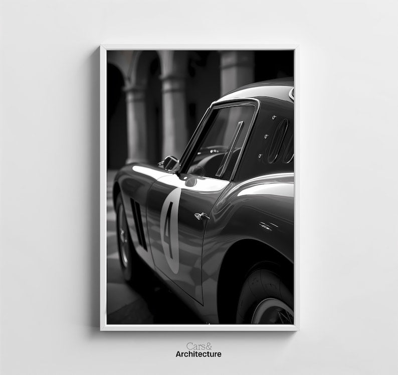 Ferrari GTO classique : affiche automobile minimaliste en noir et blanc