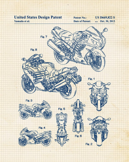 Vintage Motorcycle Blueprint Wall Art