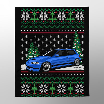 Ugly Christmas Blanket - Honda Civic EG Captiva Blue - Ugly Xmas Sweater, Car Guy Holiday Gift, Funny Christmas Gift, Ugly Christmas Sweater