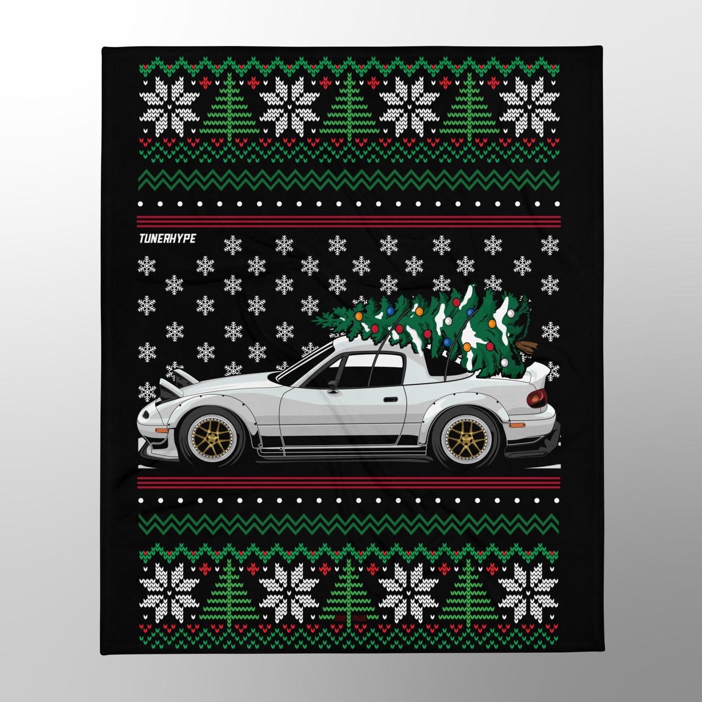 Ugly Christmas Blanket - Mazda Miata in White - Ugly Xmas Sweater, Car Guy Holiday Gift, Funny Christmas Gift, Ugly Christmas