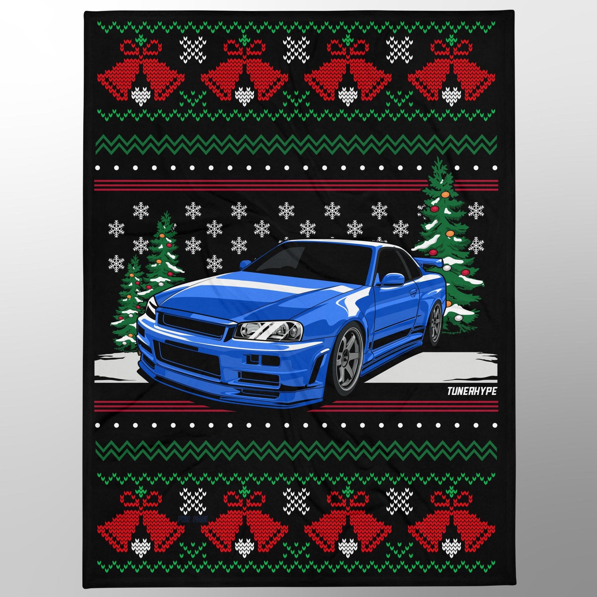 Ugly Christmas Blanket - Nissan Skyline R34 GTR - Ugly Xmas Sweater, Car Guy Holiday Gift, Funny Christmas Gift, Ugly Christmas Sweater