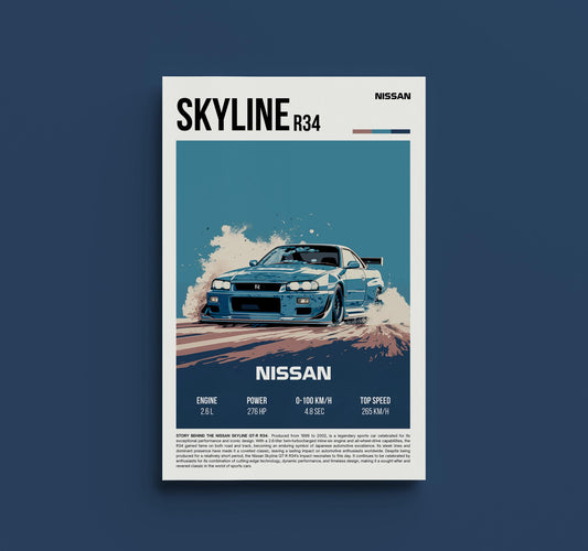 Retro Nissan Skyline R34 Automotive Print - Vintage JDM Poster, Classic Import Enthusiast Decor, Garage Wall Art, JDM Guy